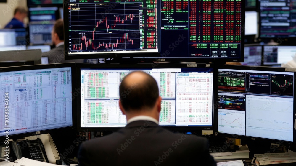 Trading floor bustling with activity, traders focused on multiple screens, symbolizing the fast-paced world of finance and data-driven decision-making. Trading floor bustling with activity, traders focused on multiple screens, symbolizing the fast-paced world of finance and data-driven decision-making.