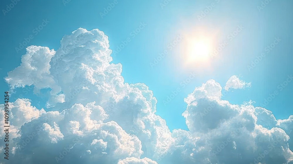Naklejka premium Bright sun shining through fluffy cumulus clouds in a vibrant blue sky. (1)