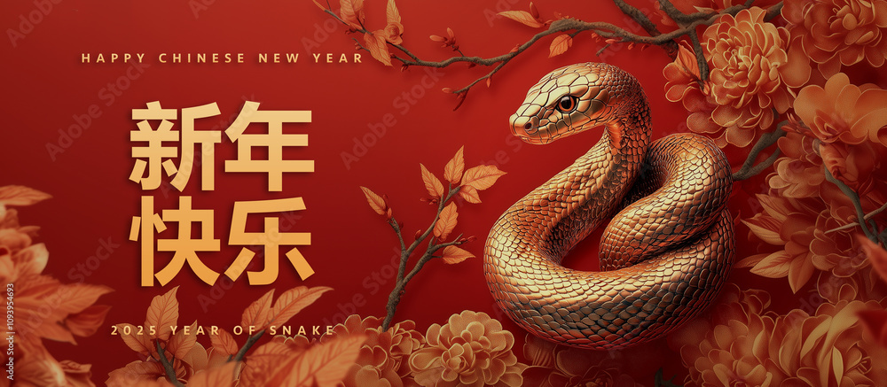 Elegant snake surrounded by intricate floral patterns on a vibrant red background, Happy Chinese New Year, Year of Snake, Chinese New Year 2025 Elegant snake surrounded by intricate floral patterns on a vibrant red background, Happy Chinese New Year, Year of Snake, Chinese New Year 2025