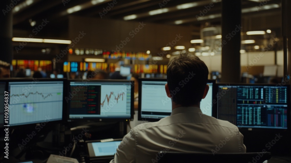 Trading floor bustling with activity, traders focused on multiple screens, symbolizing the fast-paced world of finance and data-driven decision-making. Trading floor bustling with activity, traders focused on multiple screens, symbolizing the fast-paced world of finance and data-driven decision-making.