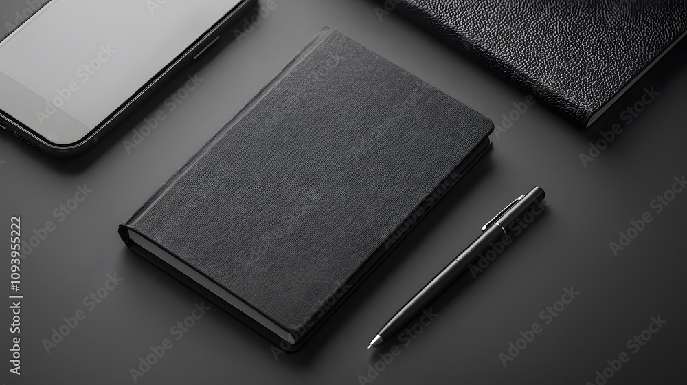 Productive Workspace Essentials Notebook Smartphone Pen Arrangement Minimalist Setting Top View Focus on Organization Productive Workspace Essentials Notebook Smartphone Pen Arrangement Minimalist Setting Top View Focus on Organization