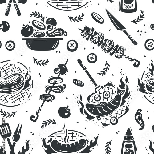 BBQ Party Time. Seamless Food Pattern of Barbecue Grill Meat and Vegetable. Meat Kebab or Shashlik and Barbeque Vegetable Skewer. Hand drawn. Black and white Vector illustration