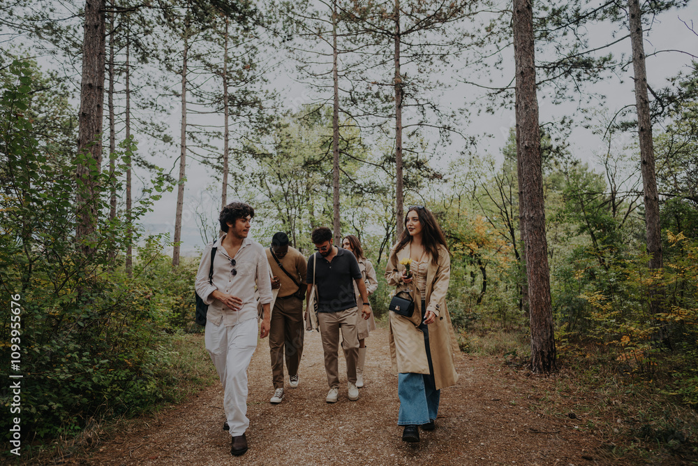 A group of diverse friends enjoying a nature walk on a forest trail, showcasing camaraderie and adventure. The serene environment and tall trees emphasize outdoor exploration and connection with A group of diverse friends enjoying a nature walk on a forest trail, showcasing camaraderie and adventure. The serene environment and tall trees emphasize outdoor exploration and connection with