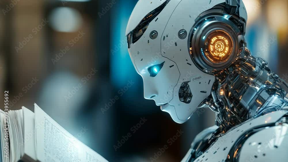 ai generated illustrution Humanoid robot with artificial intelligence reading a book 4K Video ai generated illustrution Humanoid robot with artificial intelligence reading a book 4K Video