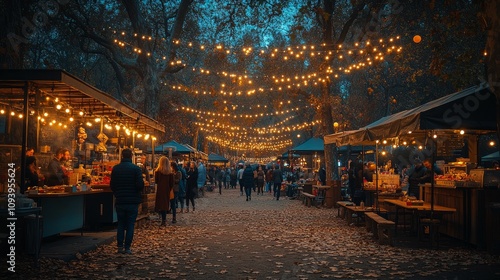 Night market in autumn park with string lights, people browsing stalls.