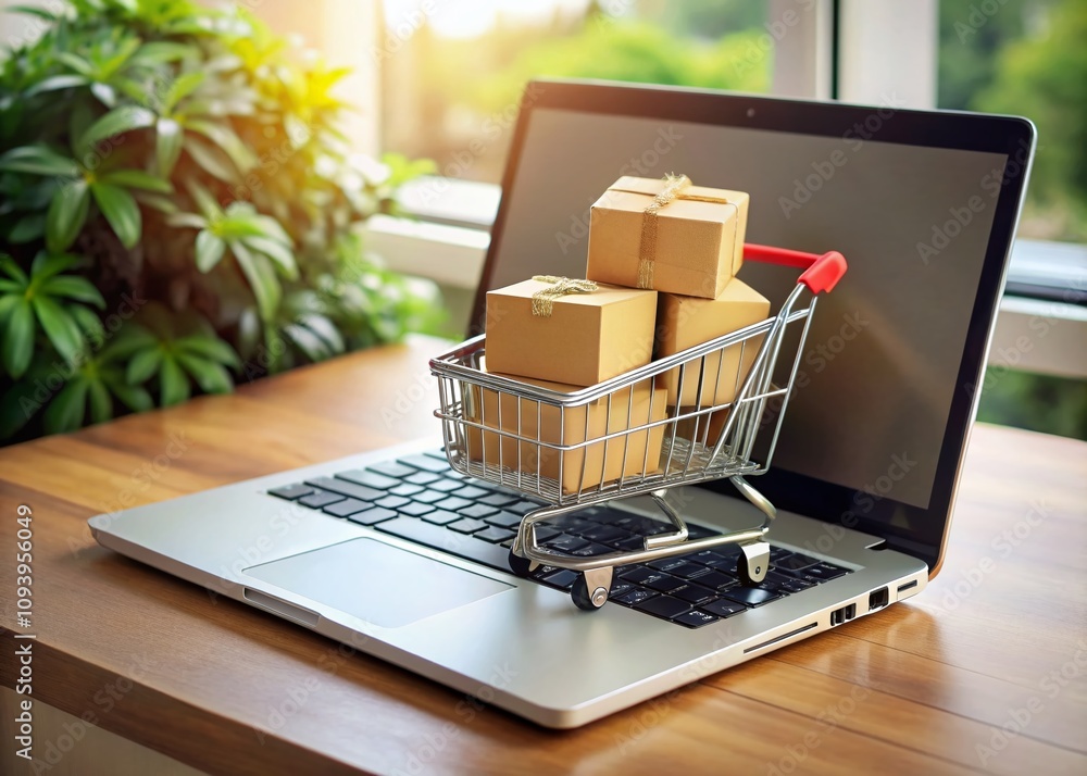 Online Shopping Experience with Laptop, Shopping Cart, Boxes, and E-commerce Platform for Logistics and Shipping Delivery Concepts in a Digital Marketplace Online Shopping Experience with Laptop, Shopping Cart, Boxes, and E-commerce Platform for Logistics and Shipping Delivery Concepts in a Digital Marketplace