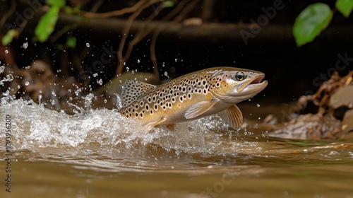 Brown trout leaping from river water.