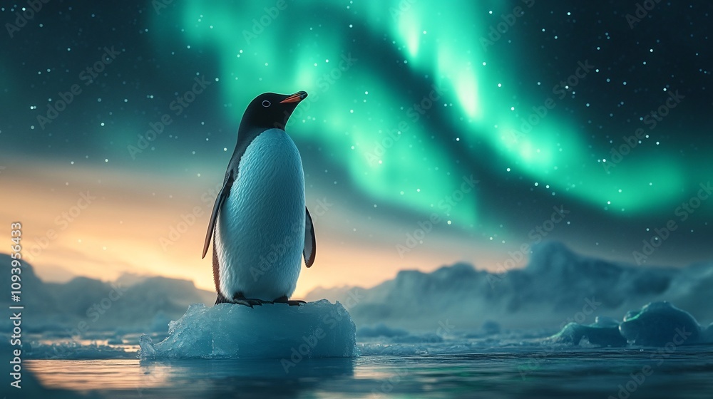 Obraz premium a lone emperor penguin standing confidently on an iceberg shaped like an upward arrow, symbolizing growth and strategic vision, with a glowing aurora in the sky, 