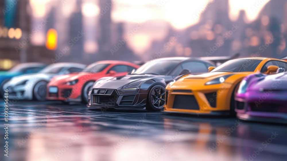 A Row of Sleek Sports Cars in the City at Sunset, Speed, and Style A Row of Sleek Sports Cars in the City at Sunset, Speed, and Style