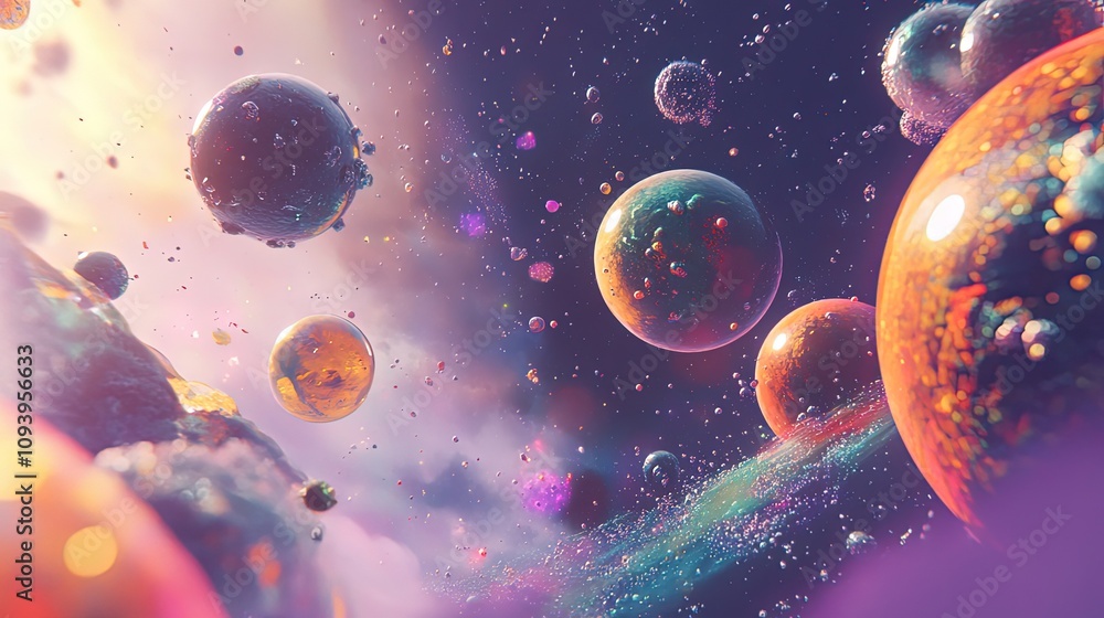 Colorful abstract space scene with floating planets and nebula. Colorful abstract space scene with floating planets and nebula.