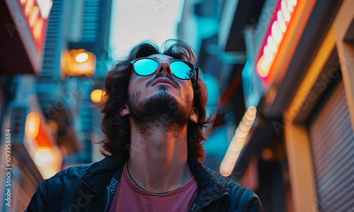 Young man with long hair and mirrored sunglasses looking upward in a city alley at night.