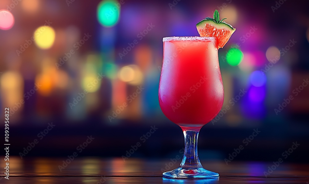 Exotic Red Cocktail with Strawberry Garnish Set Against a Vibrant Nightlife Backdrop : Generative AI Exotic Red Cocktail with Strawberry Garnish Set Against a Vibrant Nightlife Backdrop : Generative AI
