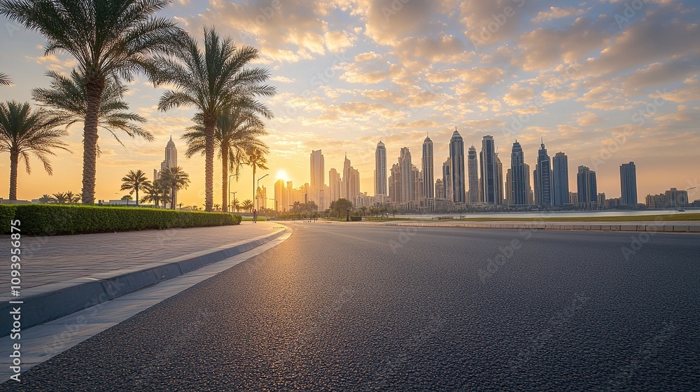 Fototapeta premium Asphalt road square and city skyline with modern buildings scenery at sunrise.
