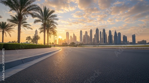 Asphalt road square and city skyline with modern buildings scenery at sunrise.