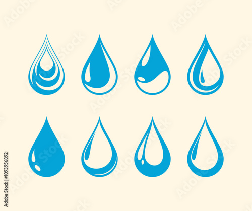 Blue water splash or drops isolated on cream background, rain splash, rain drop, water drop.Water drop icon. Blue raindrop and droplet logo. blood or tear sign. oil or water droplet vector symbol