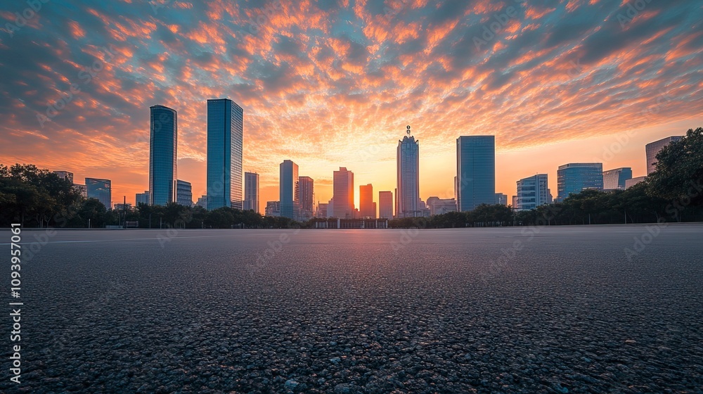 Fototapeta premium Asphalt road square and city skyline with modern buildings scenery at sunrise.