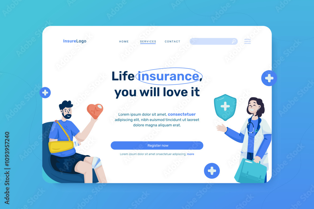 Medical care life insurance illustration on landing page design Medical care life insurance illustration on landing page design