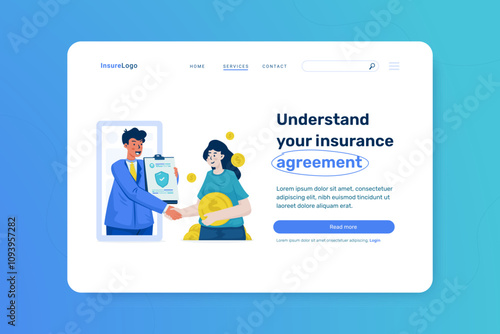 Flat illustration of insurance agreement contract on web homepage template