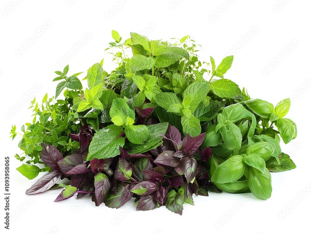 A colorful and textured display of various fresh herbs including basil and mint A colorful and textured display of various fresh herbs including basil and mint