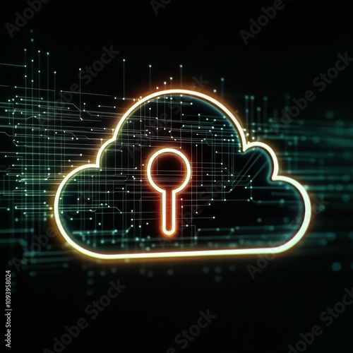 Wallpaper Mural A glowing cloud with an illuminated keyhole in the center, representing data security and protection. The dark background highlights the glowing edges of the cloud and the keyhole. Torontodigital.ca