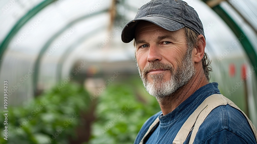 Experienced farmer works in a greenhouse nurturing plants during a sunny day in autumn Experienced farmer works in a greenhouse nurturing plants during a sunny day in autumn