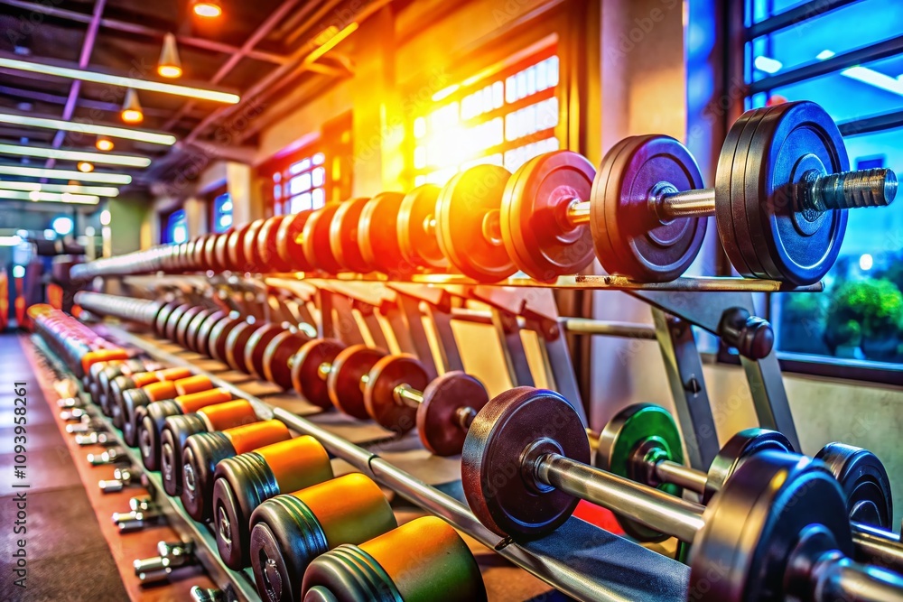 Panoramic Photography of Dumbbells in a Modern Gym Setting, Perfect for Fitness Enthusiasts, Showcasing Weight Training Equipment for Home Gyms and Health Clubs