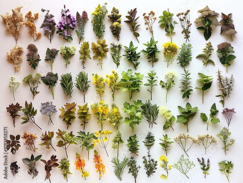 A full spectrum of herbs from savory to sweet laid out on a stark white surface