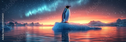 a lone emperor penguin standing confidently on an iceberg shaped like an upward arrow, symbolizing growth and strategic vision, with a glowing aurora in the sky,  photo