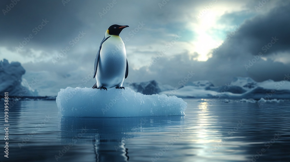 Fototapeta premium a lone emperor penguin standing confidently on an iceberg shaped like an upward arrow, symbolizing growth and strategic vision, with a glowing aurora in the sky, 