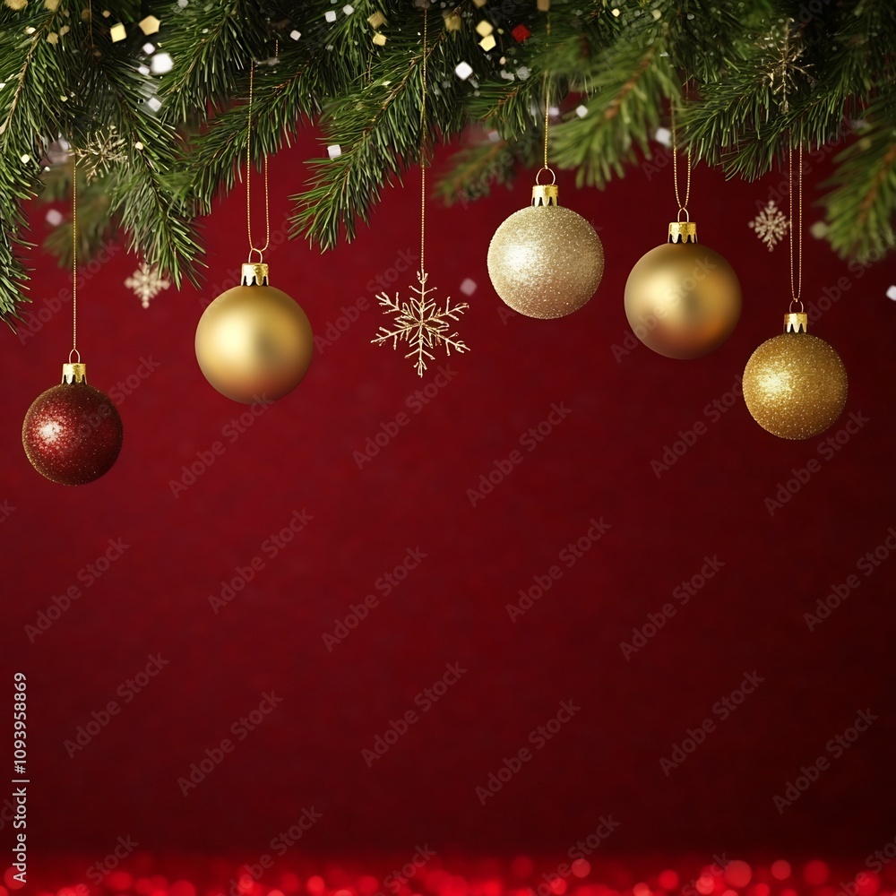 Elegant and Festive Christmas Themed Background featuring Hanging Golden Ornaments Snowflakes and Green Pine Branches on a Glittery Red Backdrop Elegant and Festive Christmas Themed Background featuring Hanging Golden Ornaments Snowflakes and Green Pine Branches on a Glittery Red Backdrop