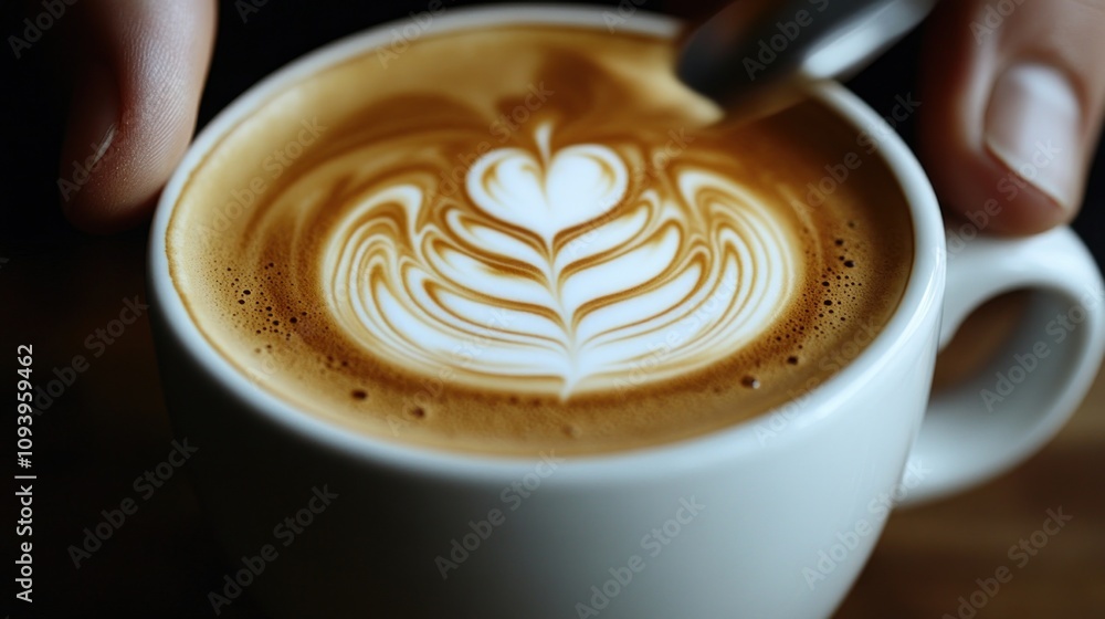 Close-up of barista creating latte art. Close-up of barista creating latte art.