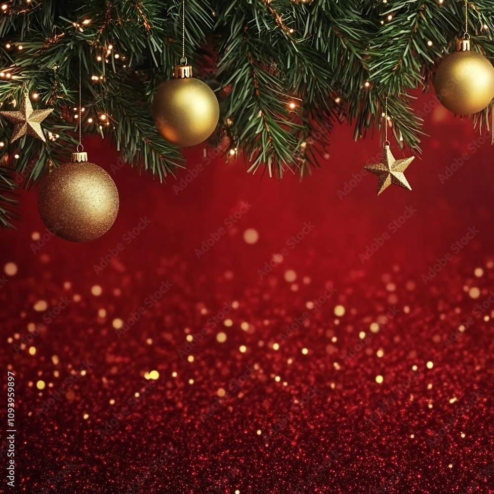 Luxurious and Glittering Golden Holiday Hanging from Lush Pine Branches on a Warm and Celebratory Crimson Background Luxurious and Glittering Golden Holiday Hanging from Lush Pine Branches on a Warm and Celebratory Crimson Background