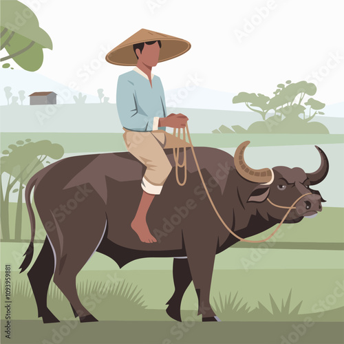 Asian Farmer Riding Water Buffalo in Rice Field