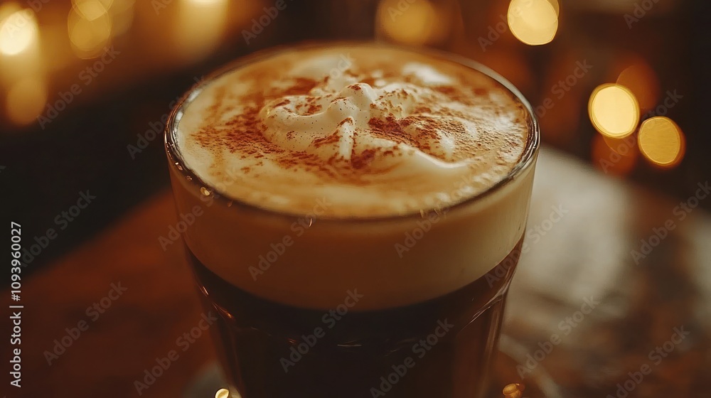 Close-up of creamy coffee drink with cocoa topping on wooden table. Close-up of creamy coffee drink with cocoa topping on wooden table.