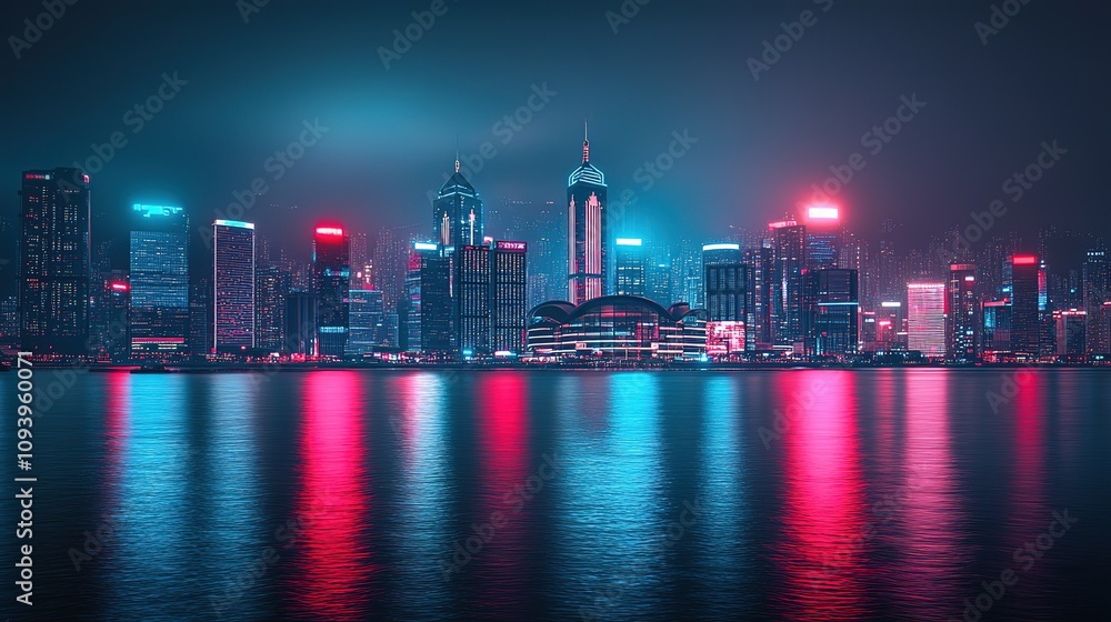 Fototapeta premium Night cityscape with vibrant neon lights reflected in calm water.