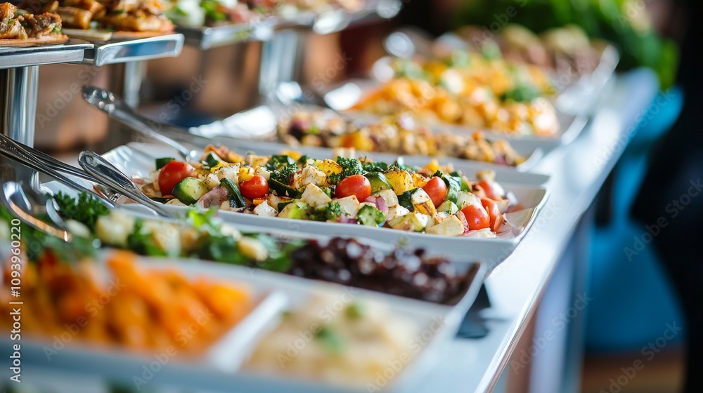 Fototapeta premium Gourmet Food Selection Artistic Arrangement Vibrant Colors Diverse Textures Fine Dining Experience