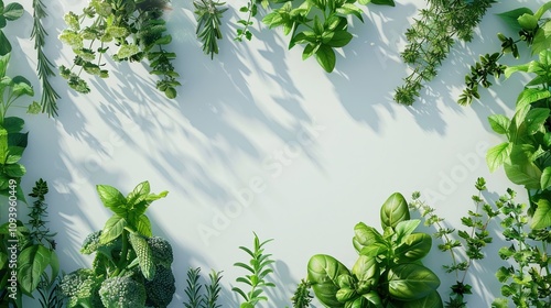 Herbs interwoven into text spelling out healthy messages on a white surface photo