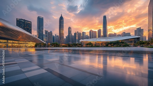 Asphalt road square and city skyline with modern buildings scenery at sunrise.