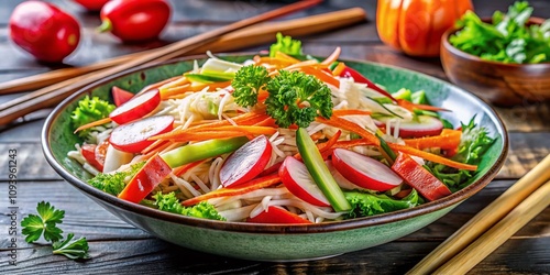 Panoramic View of Delicious Japanese Kani Salad with Fresh Vegetables and Crab Sticks Perfectly Arranged on a Vibrant Plate, Capturing the Essence of Japanese Cuisine