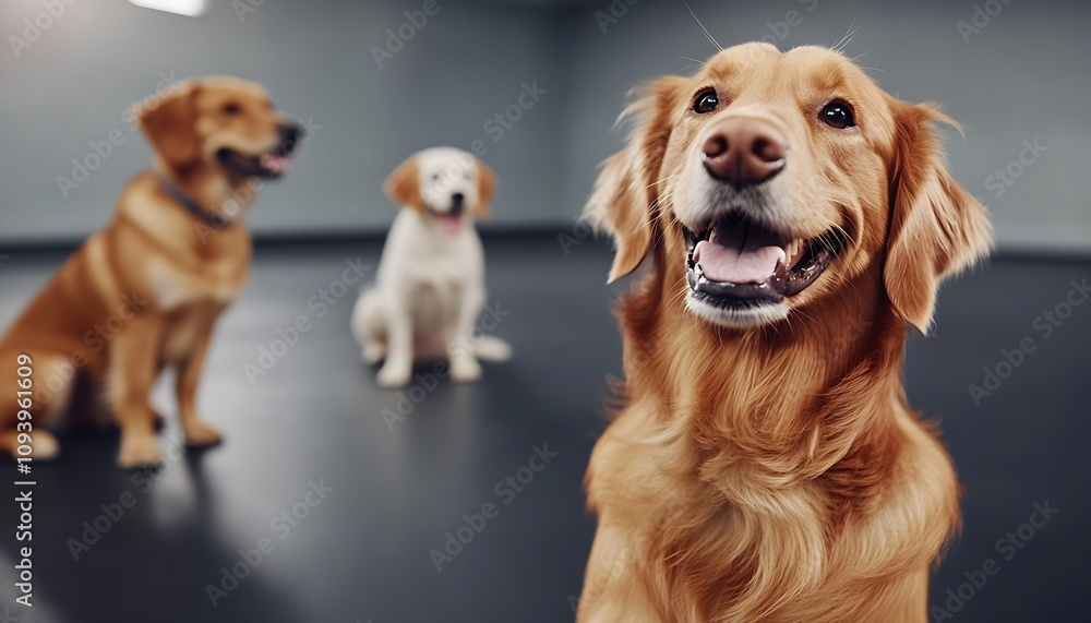 Happy Golden Retriever Featured in Sharpness with Blurred Companions Behind : Generative AI Happy Golden Retriever Featured in Sharpness with Blurred Companions Behind : Generative AI