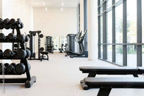 modern gym interior with fitness equipment and weights