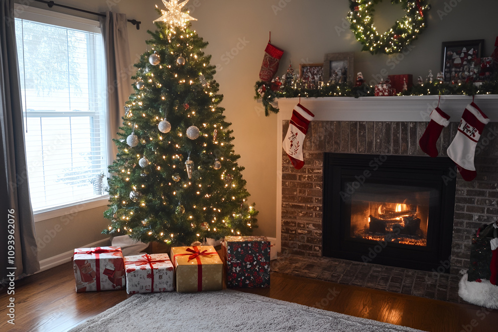 Festive christmas tree and decor in cozy living room holiday atmosphere warm lighting family gathering indoor view for seo impact Festive christmas tree and decor in cozy living room holiday atmosphere warm lighting family gathering indoor view for seo impact