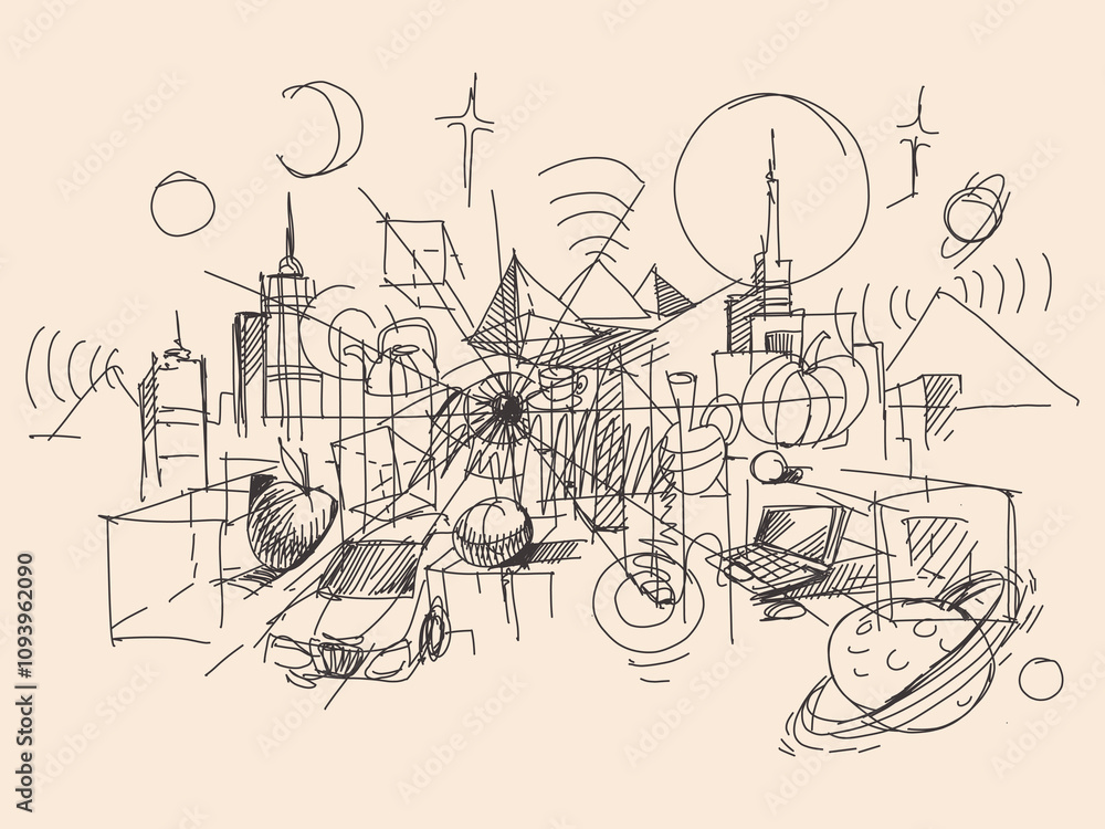 Obraz premium Doodle. Geometric shapes. Objects in perspective. Line sketch