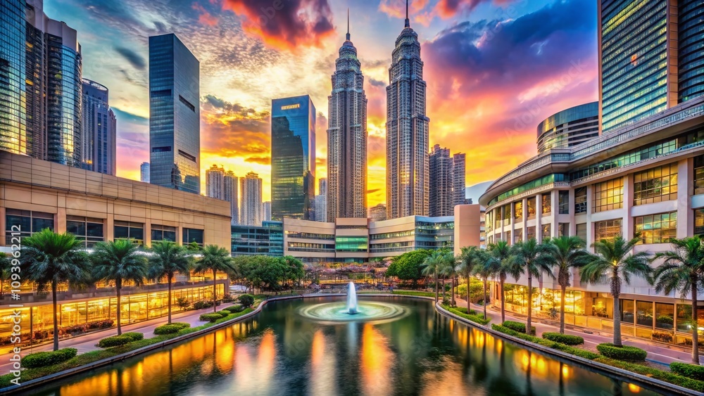 Obraz premium Panoramic View of Suria KLCC Shopping Mall in Kuala Lumpur, Showcasing Modern Architecture, Lush Surroundings, and Vibrant Shopping Atmosphere at Dusk