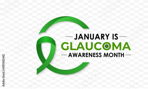 National Glaucoma Awareness Month. Human eye with green awareness realistic Ribbon. Nutritional eye health . Banner poster, flyer and background design template. Vector illustration. Eps 10.