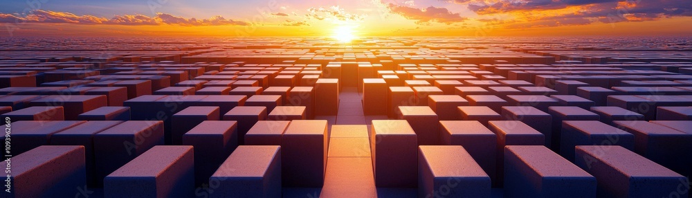 Fototapeta premium Abstract landscape featuring a vast array of 3D cubes at sunset, creating a mesmerizing visual effect with warm hues and geometric patterns against a tranquil sky and ocean backdrop.