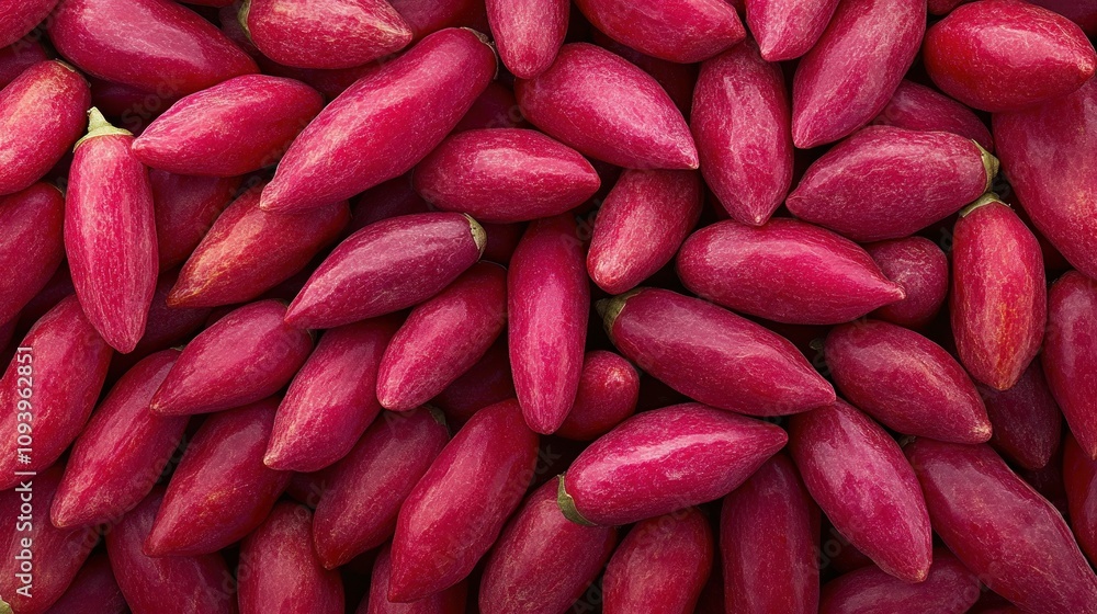 Close-up of many vibrant pink, small, pointed fruits. Close-up of many vibrant pink, small, pointed fruits.