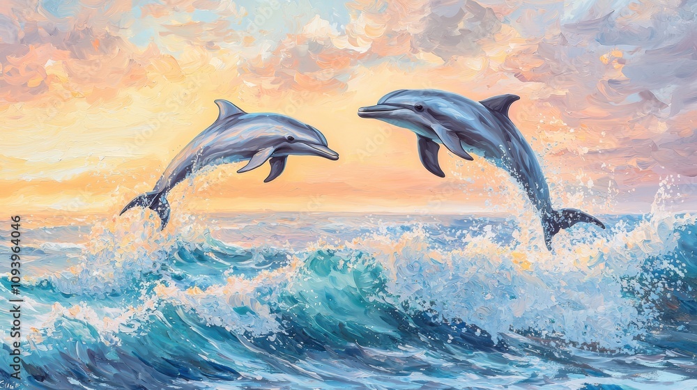 Dolphins playful leap above ocean waves at sunset marine life art vibrant seascape inspiring natural beauty Dolphins playful leap above ocean waves at sunset marine life art vibrant seascape inspiring natural beauty