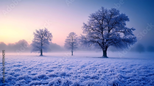 A misty winter morning with frost-covered grass and trees, softly illuminated by the pale early sunlight. 