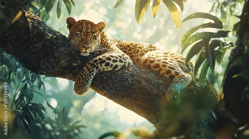 Fototapeta Naklejka Na Ścianę i Meble -  Leopard relaxing on a tree branch lush jungle wildlife photography serene environment close-up nature conservation
